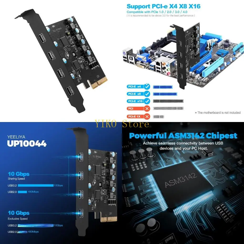 K32C PCI-E USB3.1 Card 4-Port Type C (1) USB3.1 (4) ASM3142 Chip 20Gb without Additional Power Cables for Desktop Computer PC