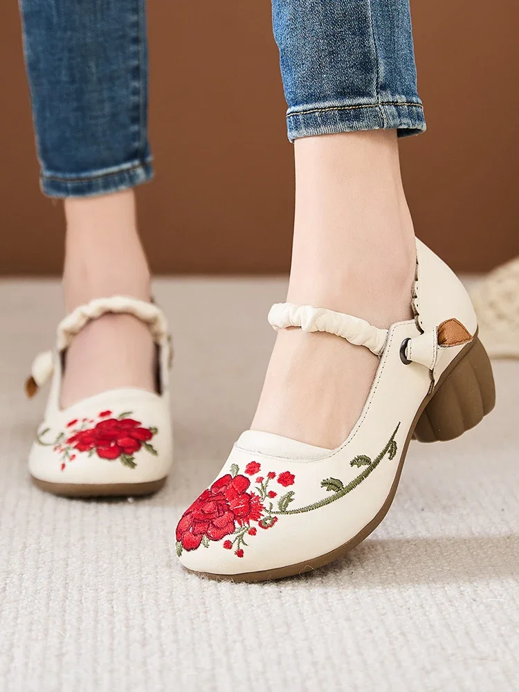 Birkuir Retro Dikke Hak Mary Jane Pompen Voor Vrouwen Knop Borduren Bloemen Schoenen Luxe Gemengde Kleuren Echt Leer 5cm Schoenen