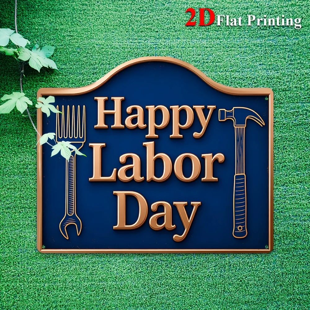 1pc 2D Flat ,Sign Artwork Made Of Aluminum , Showcasing A Design That Says 'Happy Labor Day' With A Fork And Hammer