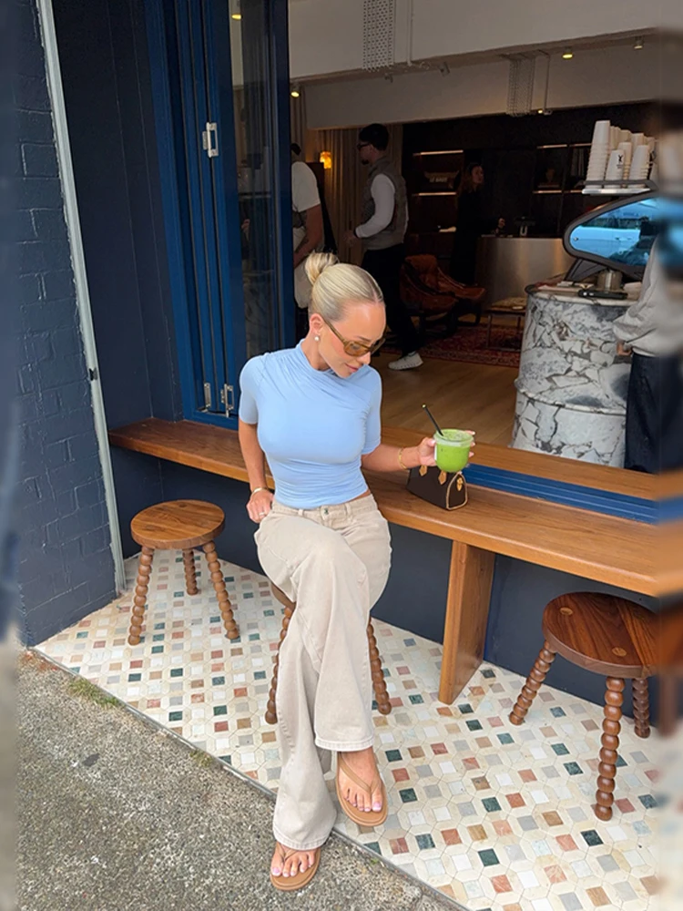 2026 Elegant Light Blue Wrap Top for Women Mock Neck Short Sleeve Ruched Slim Fit Crop Top Casual Office Blouse