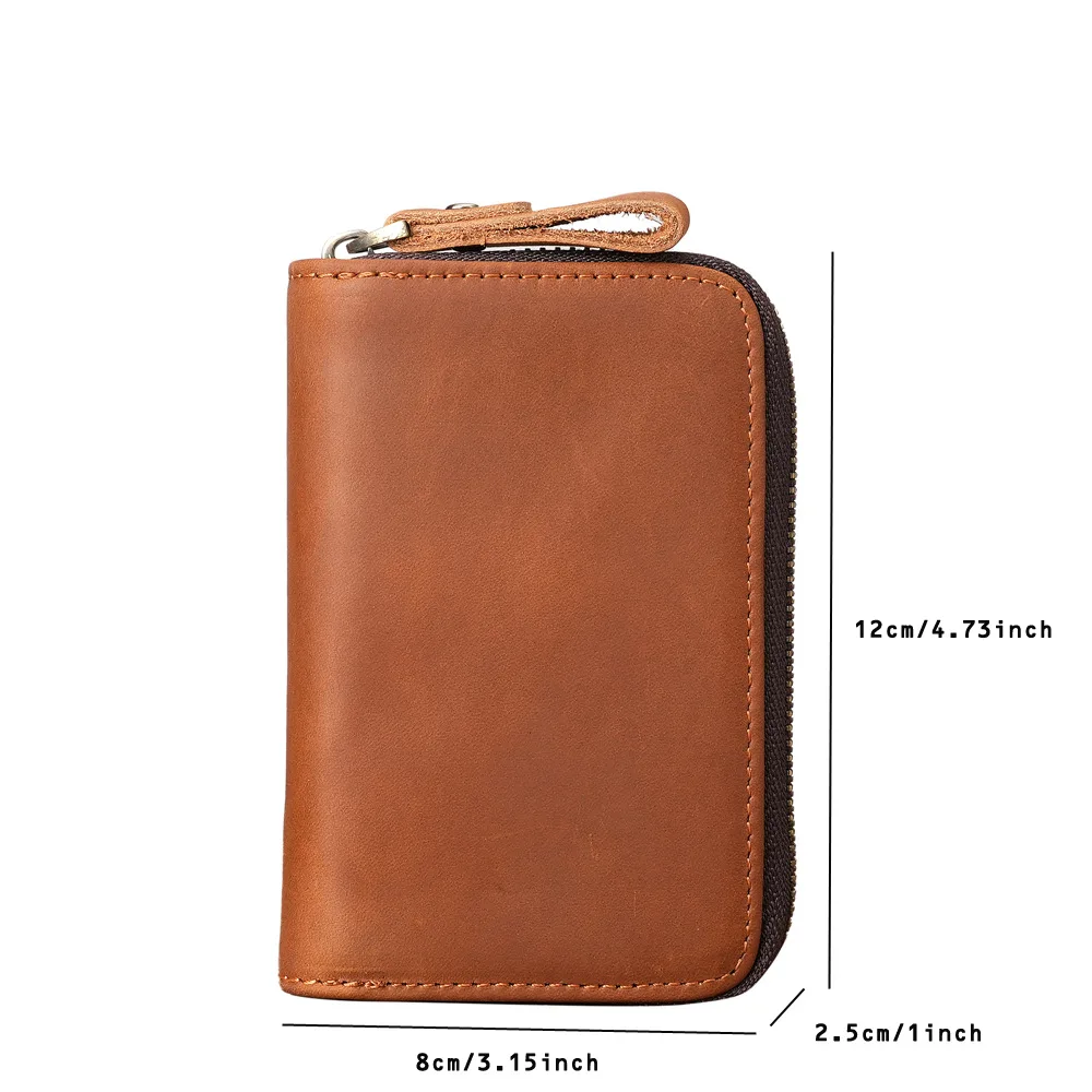 Man's Genuine Leather Key Holder With Card Pocket & 6 Key Hooks Portable Keychain Case  Zipper Card Wallet Small Coin Purse