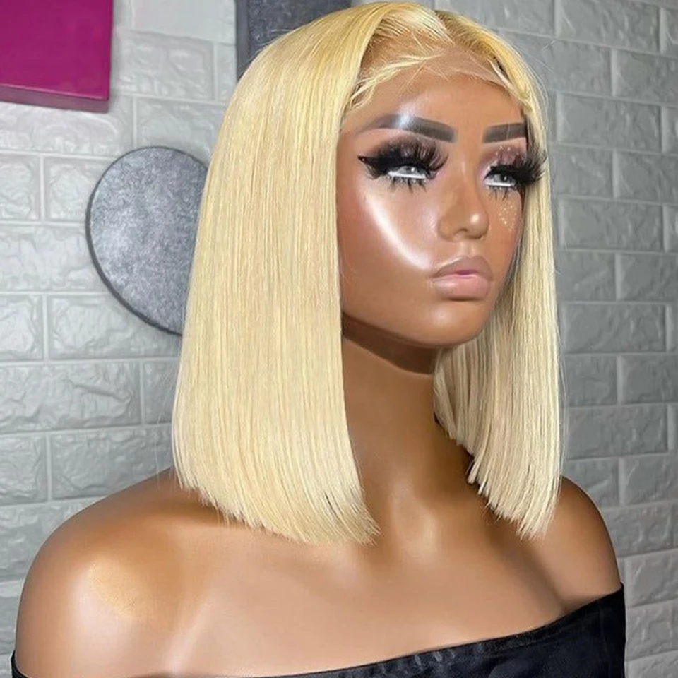 

Straight Short Bob Wig 13*5*2 T Part Lace Front Human Hair Wigs Peruvian 180%D 613 Honey Blonde Lace Front Human Hair Wigs