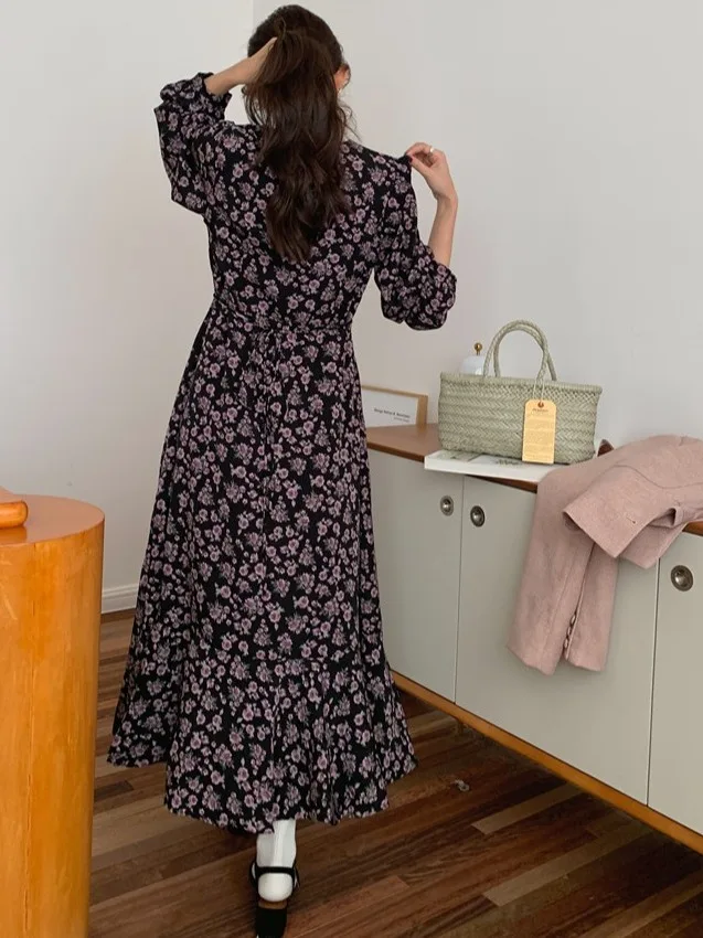 Maxi Dr con stampa floreale retrò con cintura Abito lungo Sve V-Ne Abito autunnale da donna Gonna interna con coda fi