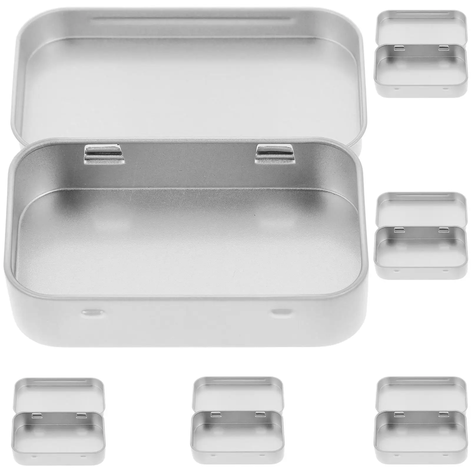 

6pcs Silver Tinplate Storage Boxes Hinged Lid for Jewelry Snacks Gifts Durable Candy Containers Small Rectangular Trinket Box