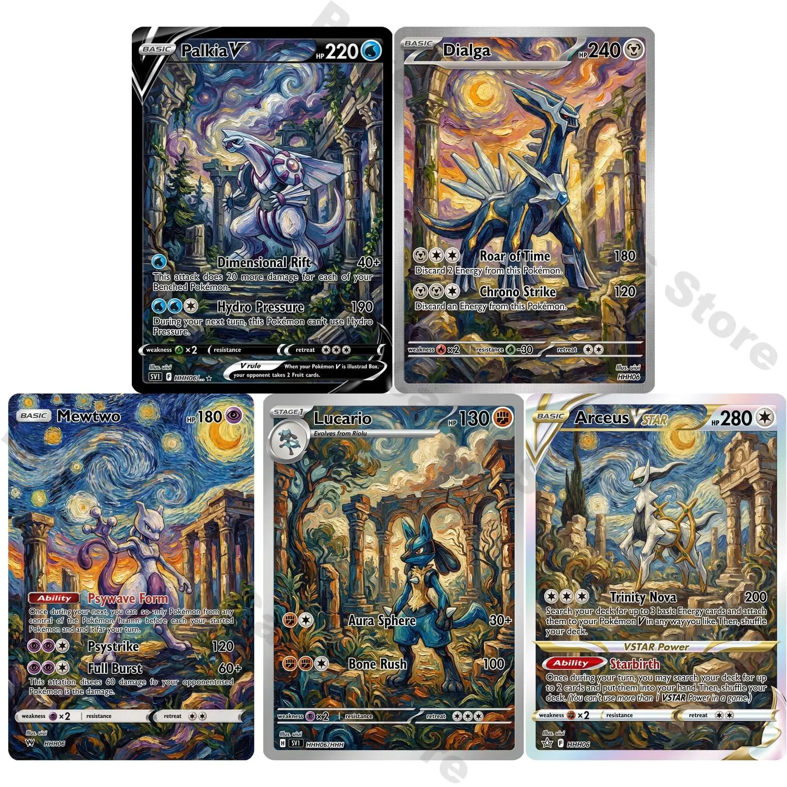 PTCG Cards PTCG Oil Painting Style Custom Trading Game Full Art Mewtwo Lucario Collection Cards Rare Cards Set PTCG Gift
