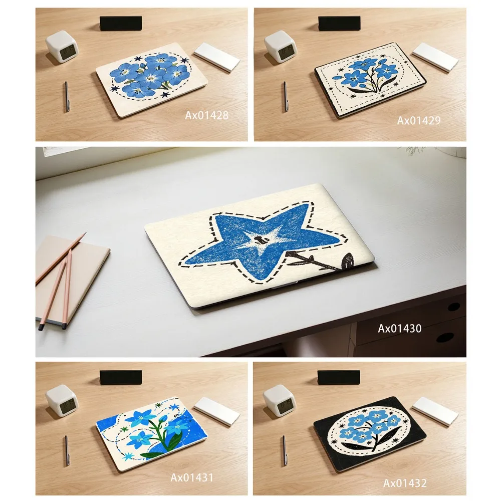 2Pcs Laptop Vinyl Skin Stickers Hand‑Drawn Blue Floral Pattern Anti‑Scratch Waterproof Notebook Aesthetics Decoration