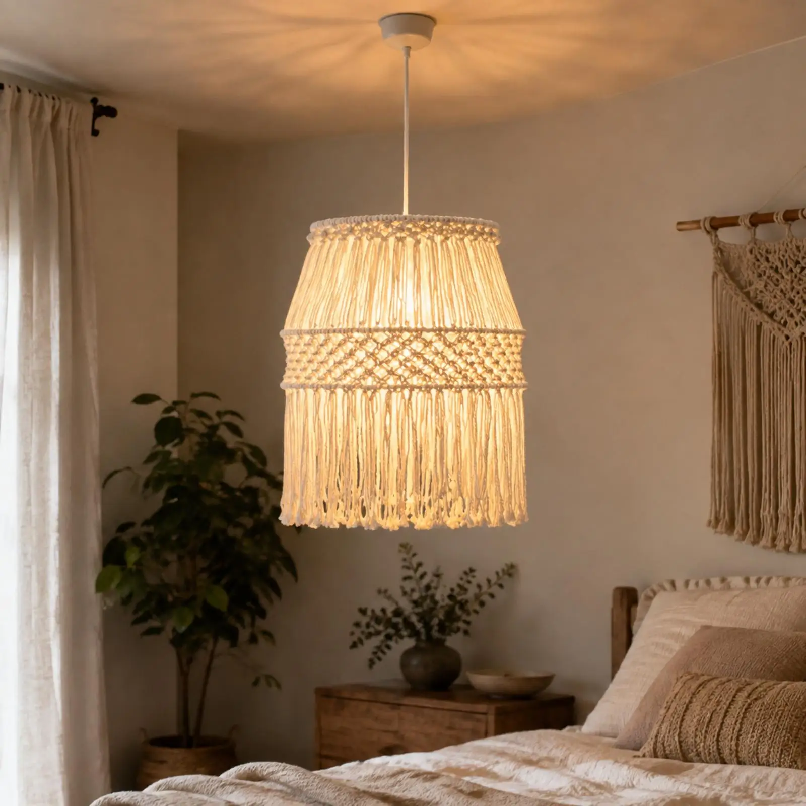 Handwoven Bamboo Pendant Lamp Shade with Fringe Tassels Bohemian Macrame Hanging Light for Living Room Bedroom Decor