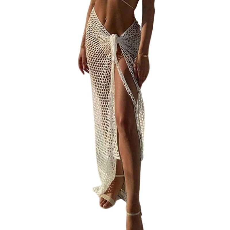 

Long Crochet Beach Skirt See Through Knit Swimsuit Coverup Side Slit Beach Dress 6XDA
