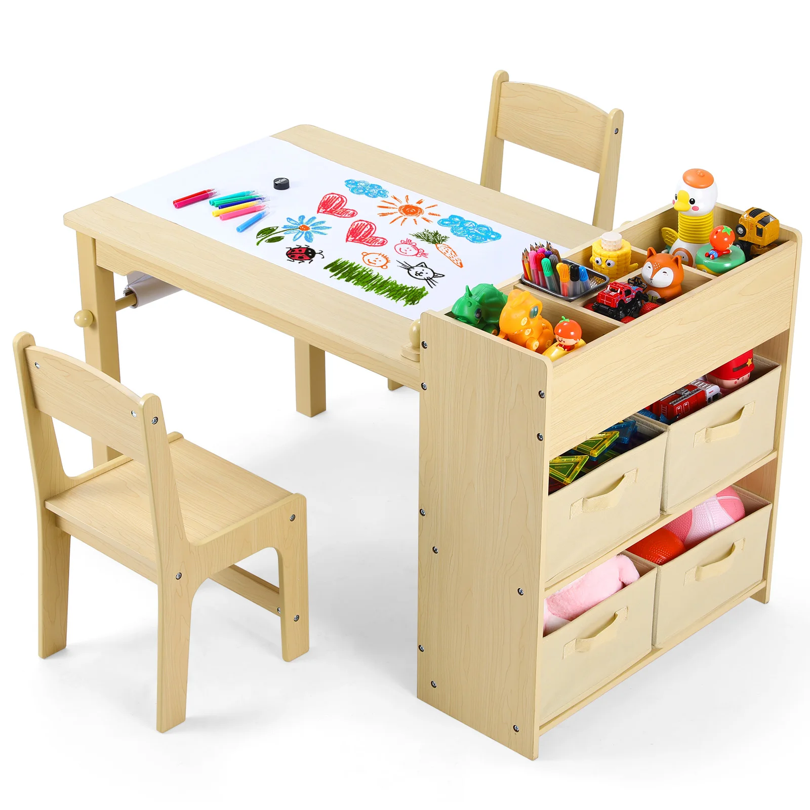 AOOU-Table d'Art et 2 Chaises pour Enfant, Bureau de Dessin Artisanal avec Grandes Étagères de Rangement, 4 Bacs de Rangement et Rouleau de Papier