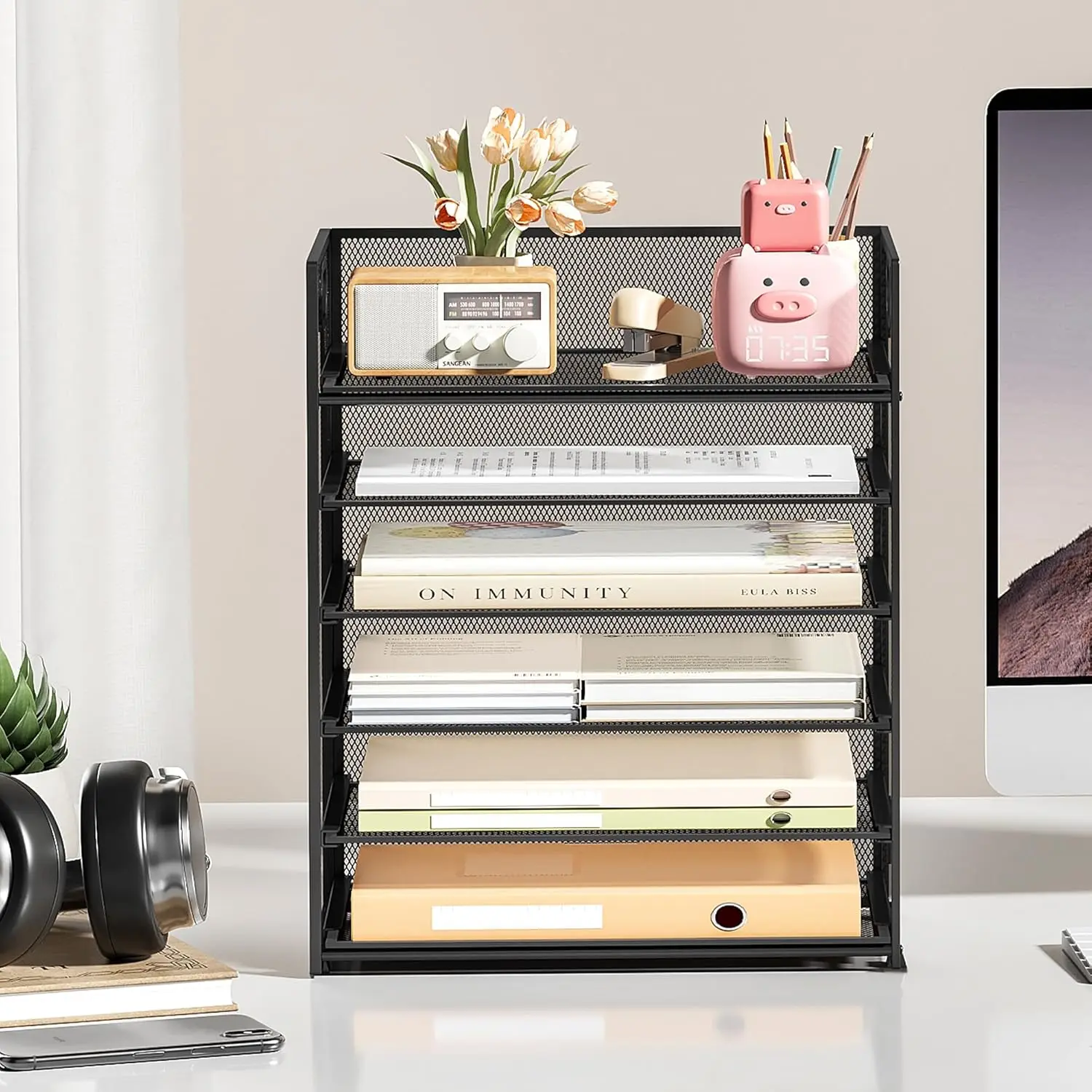 6-Tier Mesh Paper File Tray Organizer for Desk, Stackable Letter Tray with Handle, Black Office Supplies Storage view 3