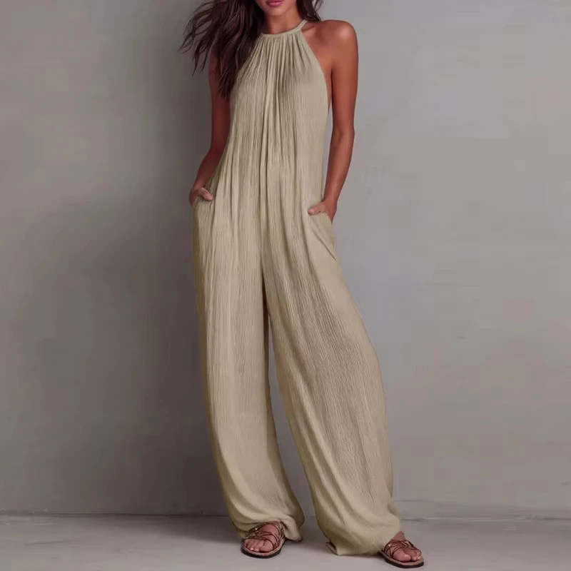 

Women's Halter Sleeveless Jumpsuit New Beach Vacation Textured Overalls with Pockets Wide Leg Romper Casual Spring Summer Outfit