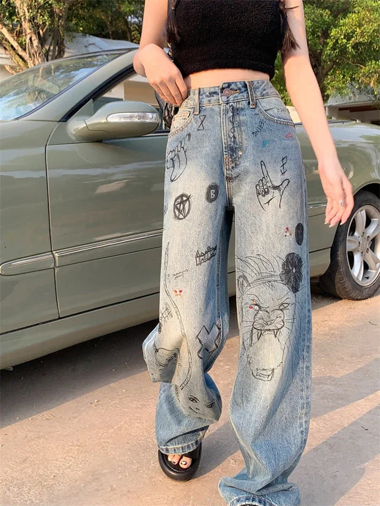 

Women's Cartoon Graffiti Wide-leg Blue Jeans Cool Girl Street Unisex Pants Fashion Bottoms Female High Waist Straight Trousers
