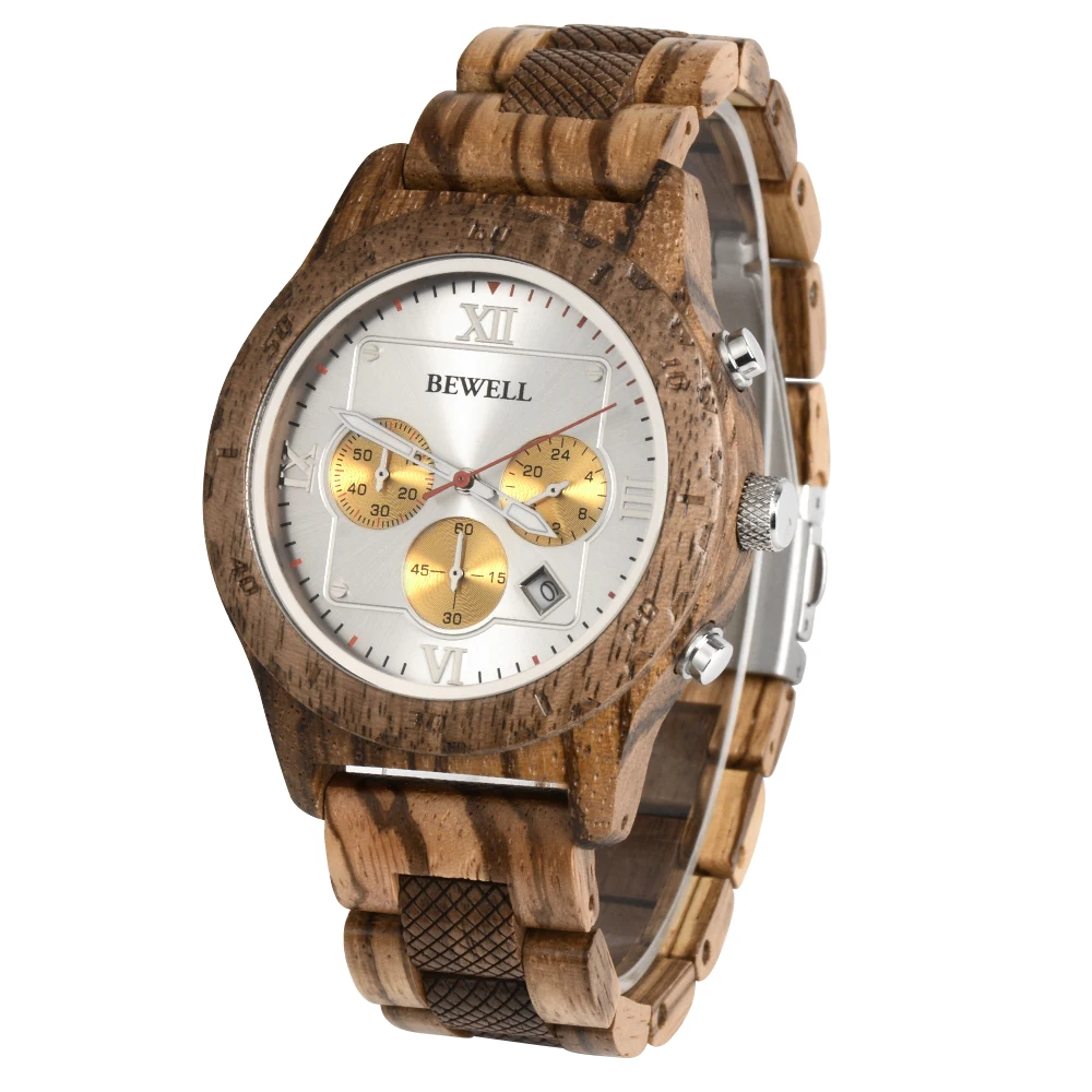 Wooden Watch for Men, Date Display Chronograph Quartz Wrist Watch, 3 Sub-dials Handmade Light Weight Luminous Watch