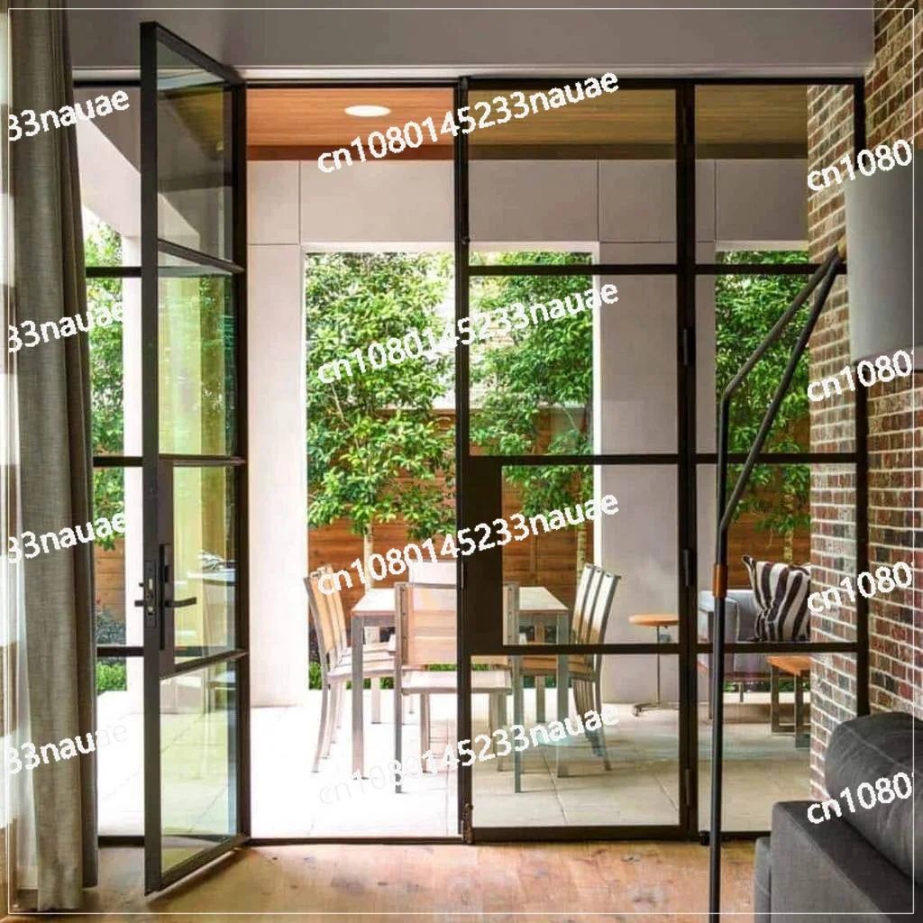 Double Glass French Aluminum Entry Swing Glass Doors Black Steel Frame Exterior