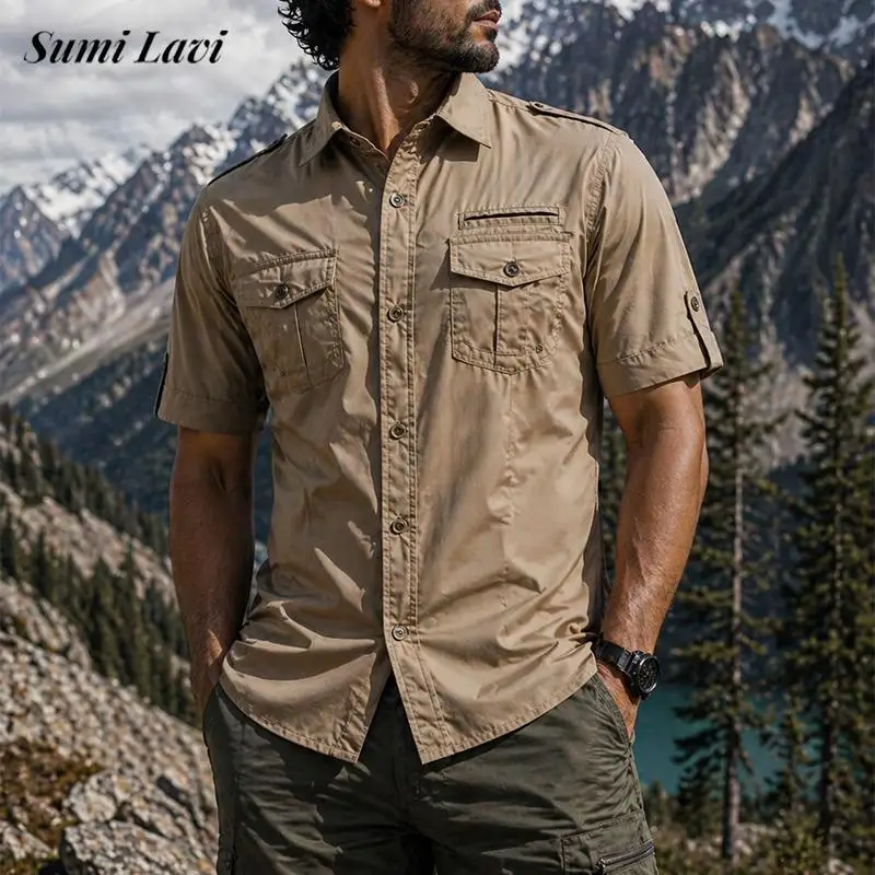 

2026 Spring Summer Fashionable Mens Shirts Vintage Multi Pockets Design Cargo Shirt Tops Casual Men Short Sleeve Buttoned Shirts