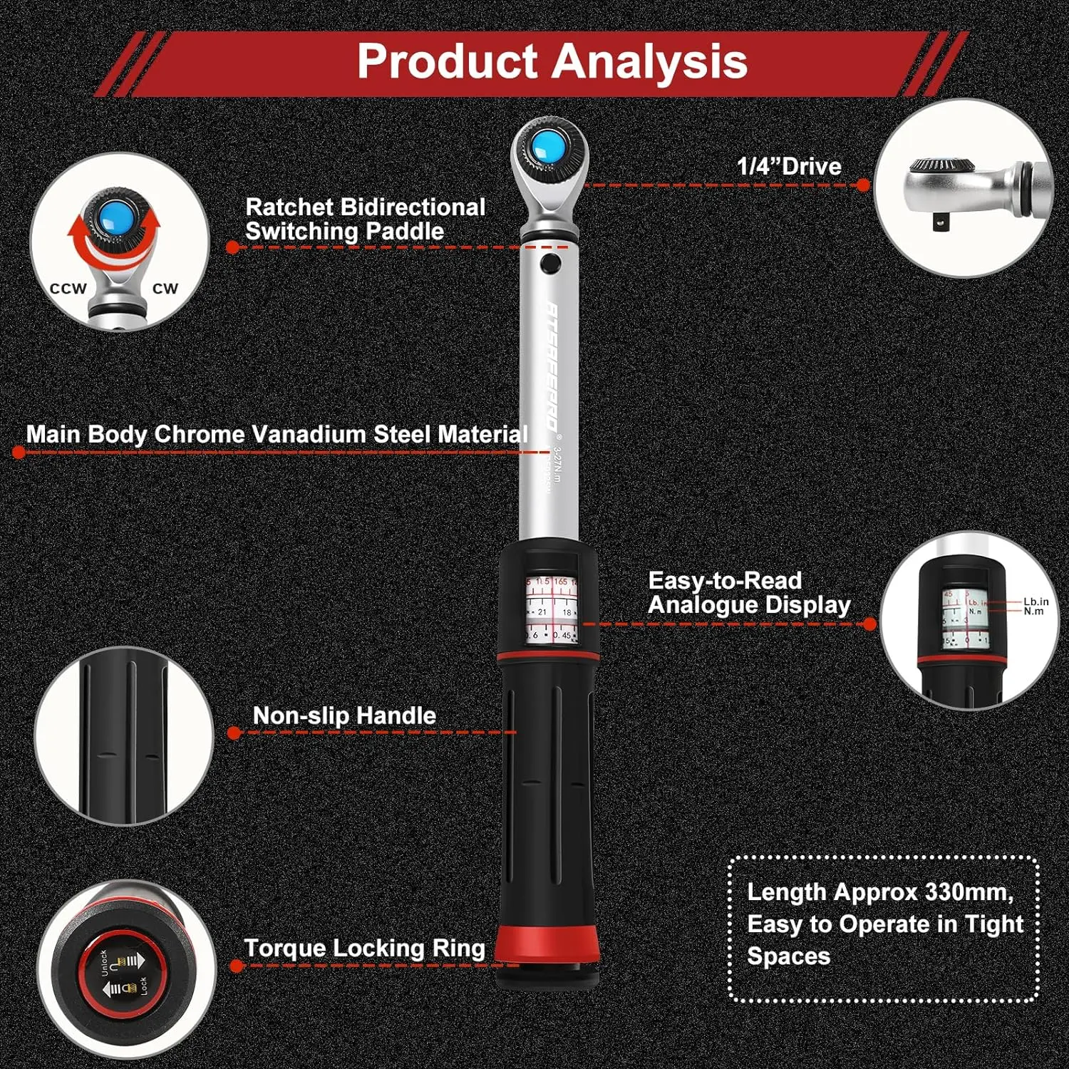 ATsafepro Premium Torque Wrench 1/4 Inch Drive, Window Style Torque Wrench 3-27 Nm with Dual Direction Adjustable