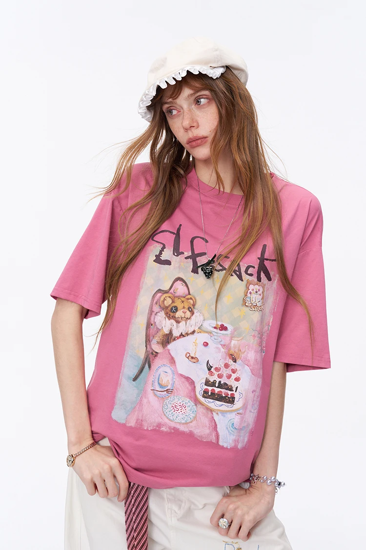 ELFSACK Women's Sweet Short Sleeve Graphic Tee with Cute Print, T-Shirt with Multiple Color Options, Loose Casual Autumn Top