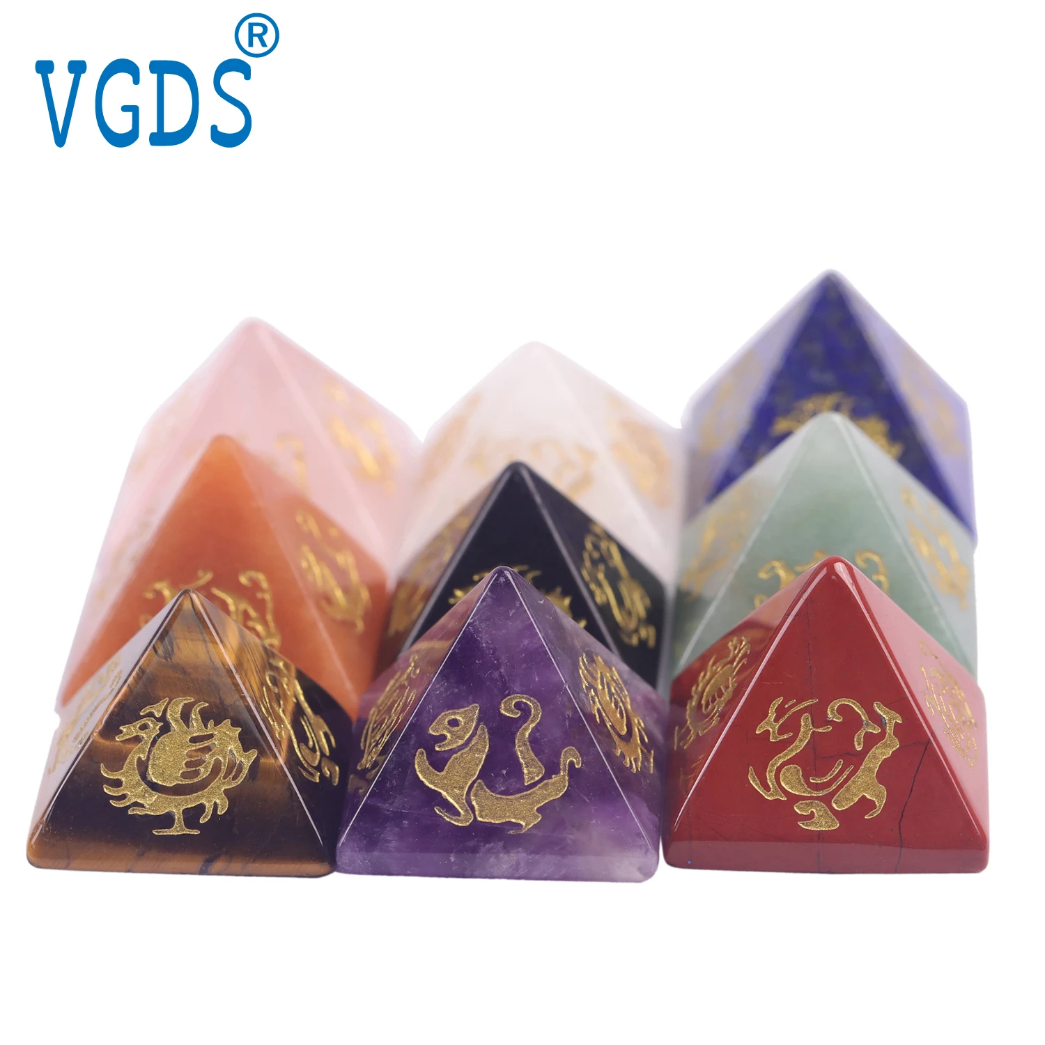 VGDS Natural Crystal Quartz Gemstone Amethyst Pyramid Oriental Four Gods Guard Beast Symbol Feng Shui Energy Tabletop Decoration