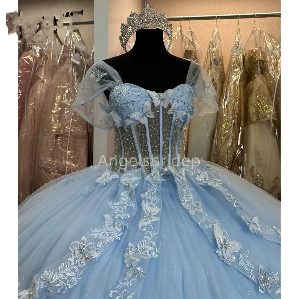 Angelsbridep-Vestido Princesa Quinceanera azul-celeste, vestido de baile com mangas grandes, borboleta 3D, Sweet 16, 15