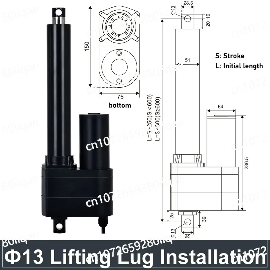 12V Motor Electric Linear Actuator 10000N Push 1000kg 100mm 200mm 300mm Stroke  Drive Stainless Steel Pipe IP65 Waterproof