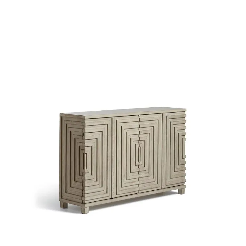Light gray solid wood dining side cabinet 4 doors concave pattern locker, living room dining room cabinet