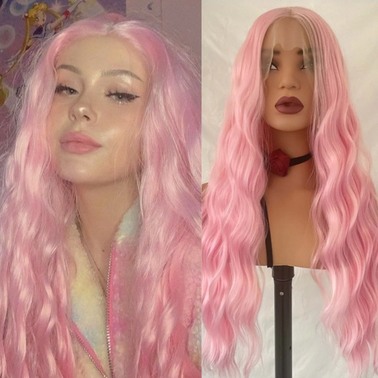 

Pastel Pink Wig Long Curly Synthetic Hair Lace Front Wig Natural Wavy Colored Frontal 13X4 Lace Front Wigs for Women Cosplay