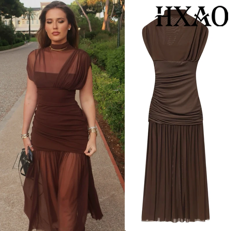 HXAO メッシュロングドレス女性のためのノースリーブボディコンエレガントなパーティードレス夏シャーリングチュールミディドレスレディースイブニングドレス