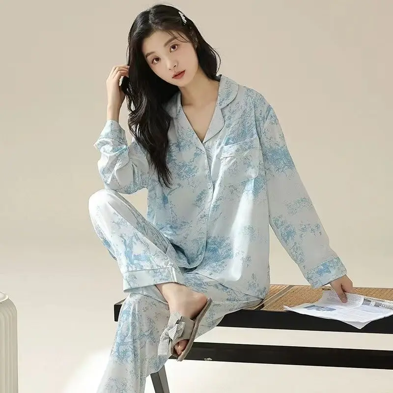 

Two-piece Pajama Set Silk Loungewear Women Sleepwear Long Sleeve Cardigan Pants Nightwear Designs Clothing Trends Pajamas New