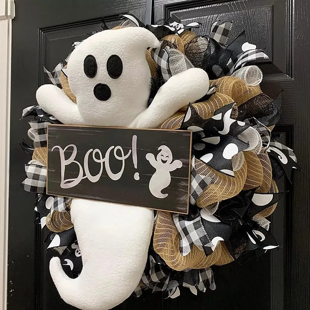 40cm Halloween Wreath Decorations Horror Scary Halloween Plush Ghost Garland Large Holiday Decor Wreath Front Door Wall Ornament
