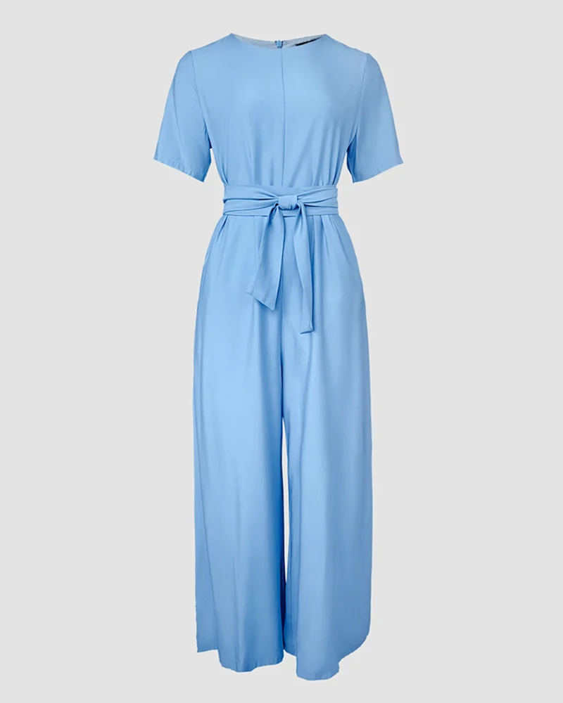2025 Summer Women's Casual Solid Color Round Neck Short Sleeve Tie Waist Overalls Casual Back Zipper Wide Leg Jumpsuits Elegant