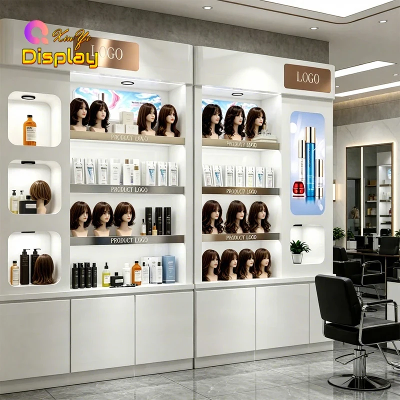 custom.Multi-Functional LED Lighting Hair Salon Showcase Display Cabinet with Drawers Storage and Durable Customiza