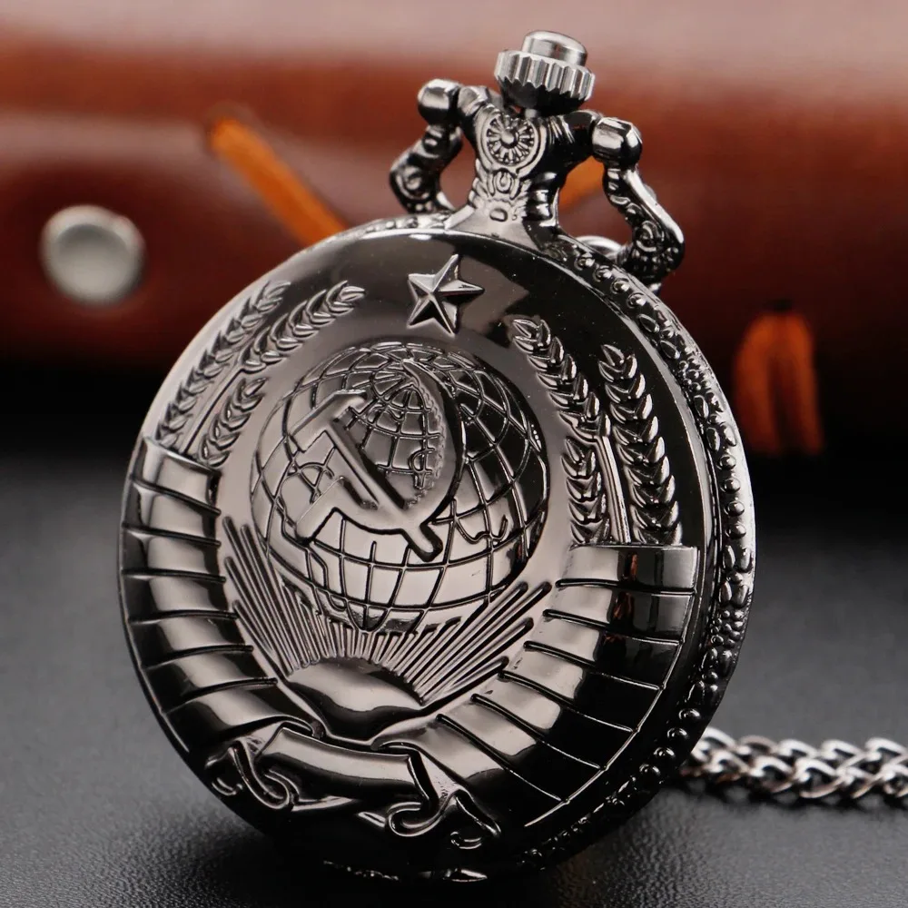 ブラックリパブリック鎌エンブレムクォーツ懐中時計ヴィンテージネックレスペンダントユニバーサル時計ギフト男の子と女の子へ