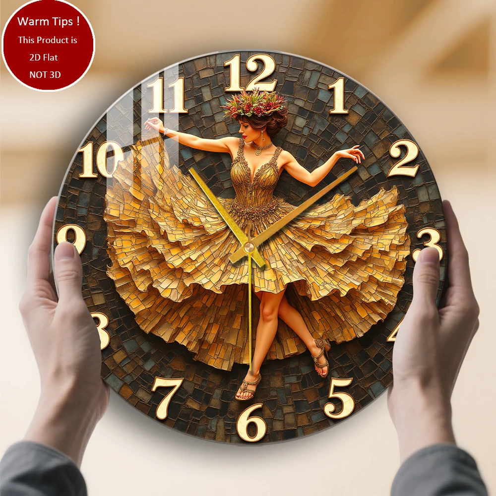 Tempered Glass Wall Clock Dancing Woman Mosaic Clock Dress Suitable For Wall Decor or Tabletop Display Anywhere