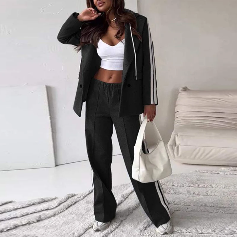 Elegant Office Double Breasted Blazer Outfit Set Women Winter Long Sleeve Casual Two Piece Fall Stripe Print Straight Pant Suits