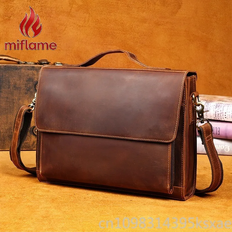

Men's Crossbody Laptop Briefcase Top Grain Crazy Horse Leather Vintage Retro Casual Bag Business Office