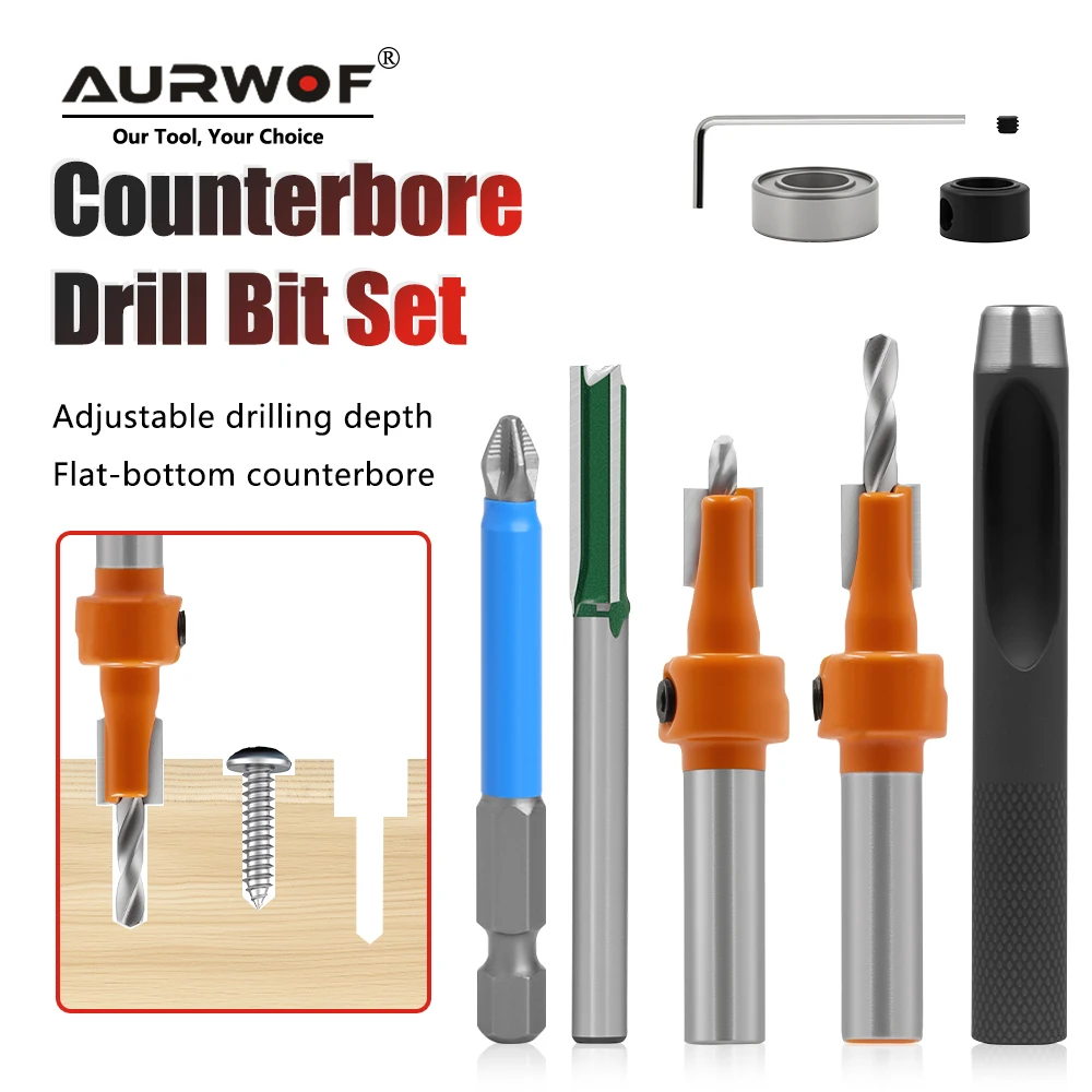 

AURWOF 8mm Shank Orange Countersink Drill Bit Kit Tool, Multiple Piece Sets Available For Selection,For Woodworking C06T6A