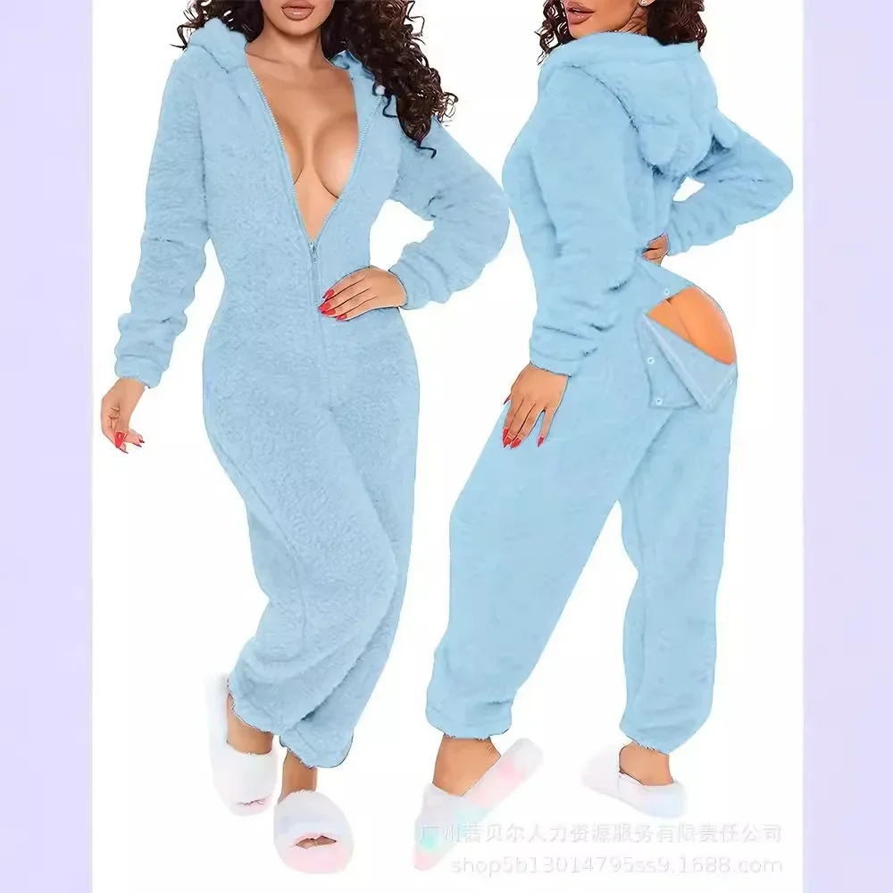 Uzun kollu kapüşonlu pantolon tulum ev tekstili pijama tulumlar kadınlar sonbahar kış peluş Loungewear pijama tulum kıyafetler