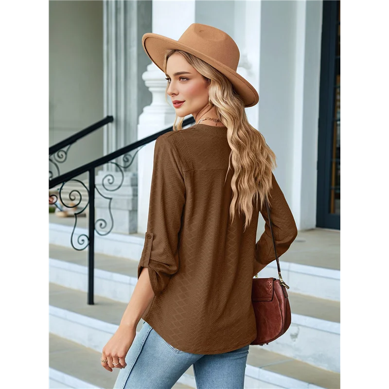 CGS-Blouses For Women Dressy Casual 3/4 Length Sleeve Womens Tops V Neck T Shirts With Roll Up Sleeve