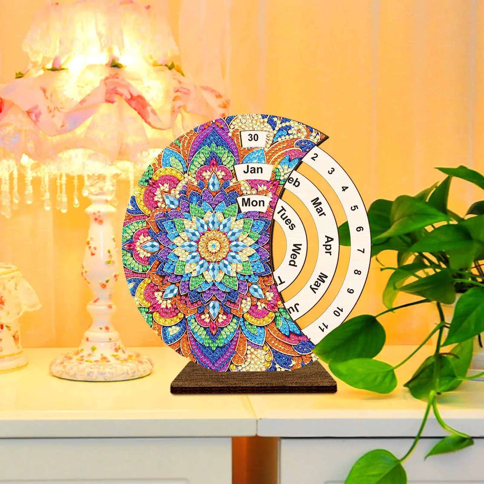 مجموعة تقويم الرسم الماسي DIY، خشبية قابلة للدوران في يوم شهر أسبوع، فن المناظر الطبيعية القابل لإعادة الاستخدام لهدية ديكور المنزل