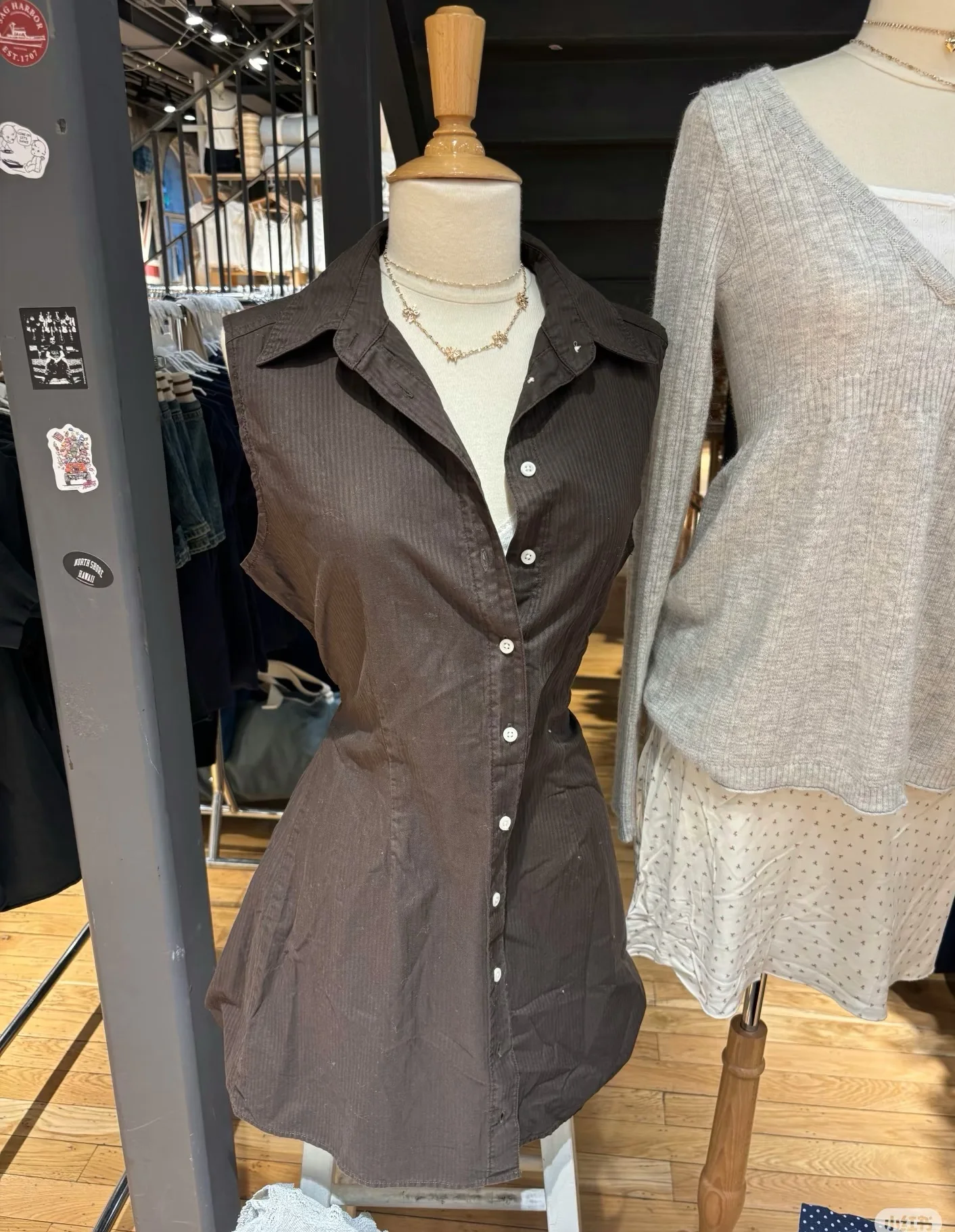 Vintage Gestreepte Bruine Shirt Jurk Vrouwen Revers Single Breasted Cottob Mouwloze Slanke Vestidos Solid Sweet Lace-up Midi Jurk nieuwe