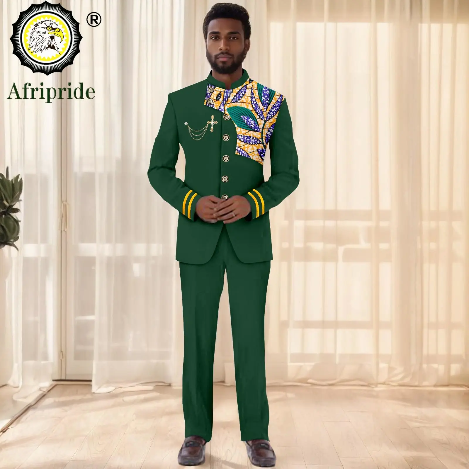 African Suits for Men Slim Fit Embroidery Single Breasted Print Brooch Blazer and Pant Set Formal Outfits Dashiki Attire 2516005