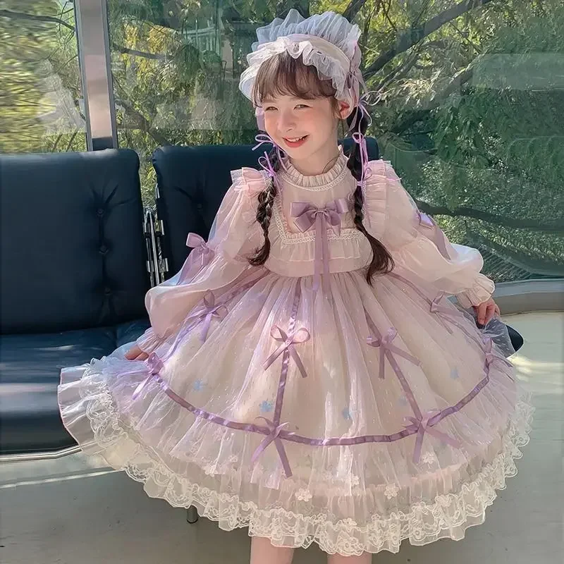 Birthday Party Lolita Sweet Dress Girls Kids 2024 Pink-purple Long Sleeve Dress Cute Princess Doll Teen Dress For Girls 2-10Y