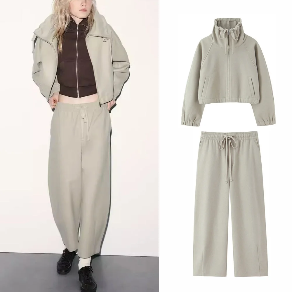 

Женский повседневный свитшот с воротником-стойкой, брючный костюм, пальто на молнии с длинными рукавами и капюшоном, свободные прямые брюки, женские комплекты