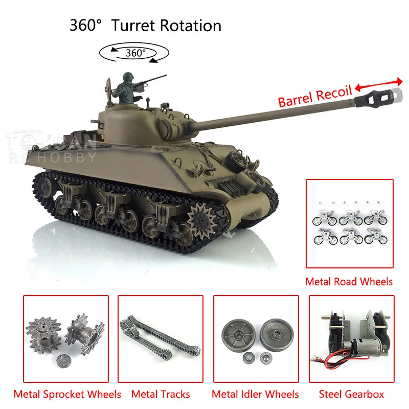 

HENG LONG 1/16 Индивидуальный радиоуправляемый танк 7,0 M4A3 Sherman 3898 Barrel Recoil 360 ° Металл TH19791-SMT4