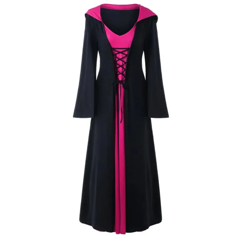 Medieval Dress For Women Lace-up Vintage Hooded Cloak Robe Adult Costume Retro Cosplay Halloween Scary Vampire Witch Long Dress