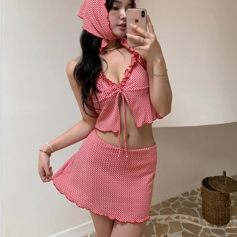 Maiô Vintage Tailandês com Estampa Xadrez, Conjunto de Duas Peças com Saia, Novo 2026, Sexy, Controle de Barriga, Bodycon, Estilo Garota Picante, Maiô de Praia para Adolescentes