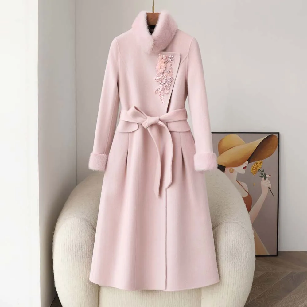 

Double-sided cashmere coats female senior aristocratic wind mink collars heavy diamond wool long female fur coat