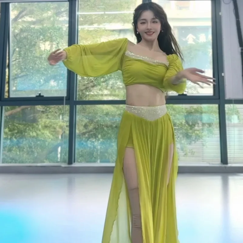 

Customized New Belly Dance Clothes Set Performance Costume Class Dress Sexy Temperament Practice Dress Green Mesh Skirt Beginner