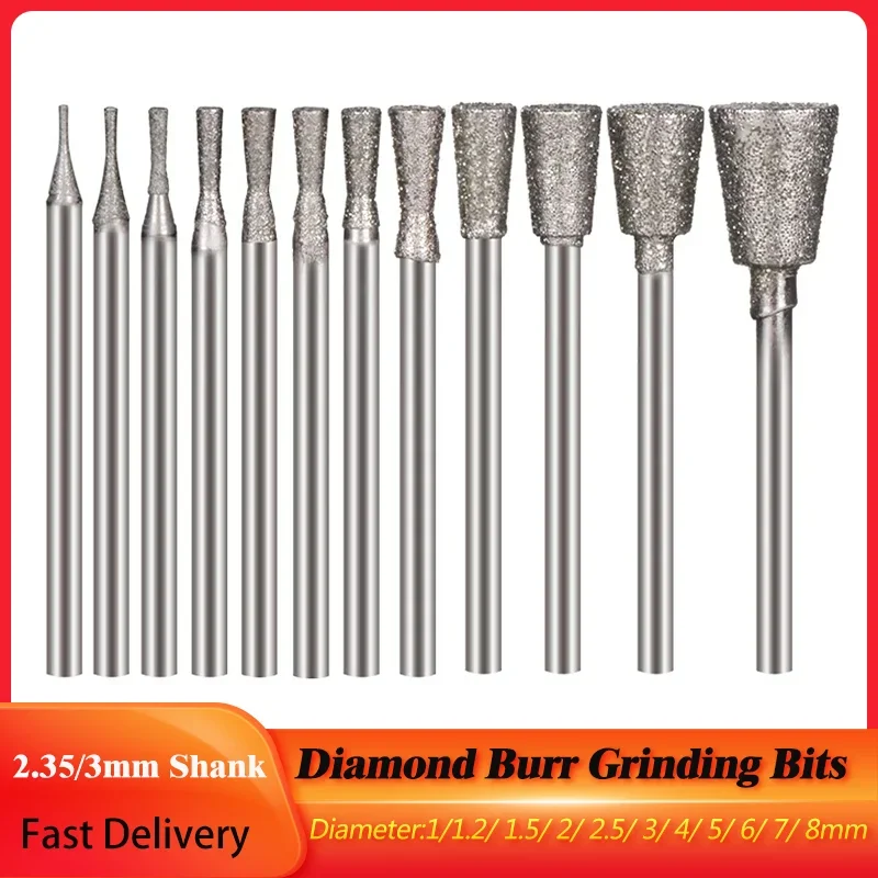 

10Pcs 1mm-5mm Diamond Burr Grinding Engraving Bits With 2.35mm/3mm Shank Polishing Head For Jade Stone Agate Dremel Rotary Tools