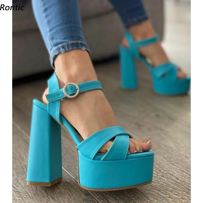

Rontic, популярные женские сандалии ручной работы на платформе с ремешком на щиколотке, на блочном каблуке с открытым носком, великолепные светло-голубые модельные туфли, женские размеры США 5-15